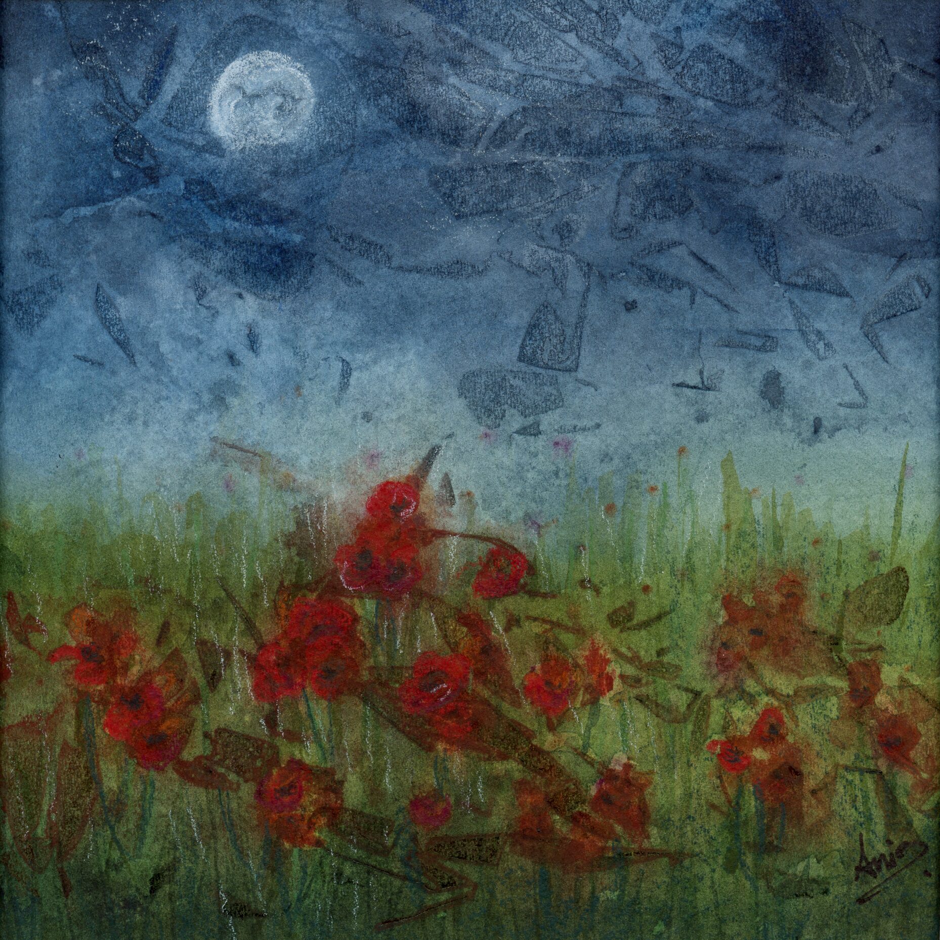 A full moon in a dark night sky above a field of red flowers and green vegetation, in deep saturated blues, greens and reds — watercolour by Claudia Fernandez