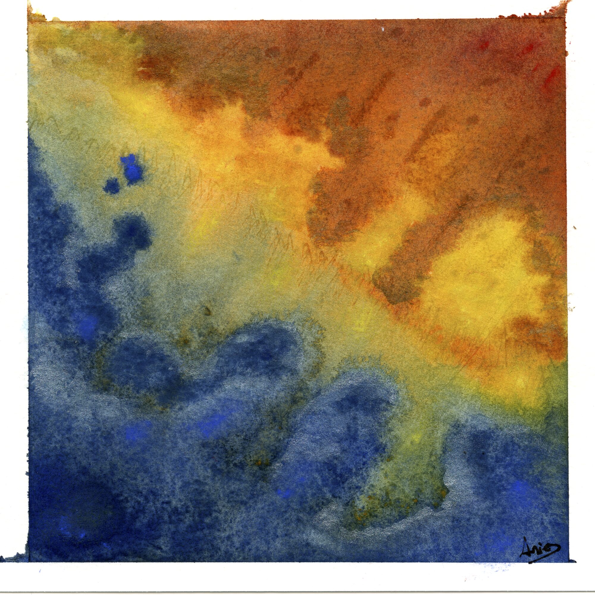 an abstract watercolour split diagonally — golden sand above, cold blue ocean below