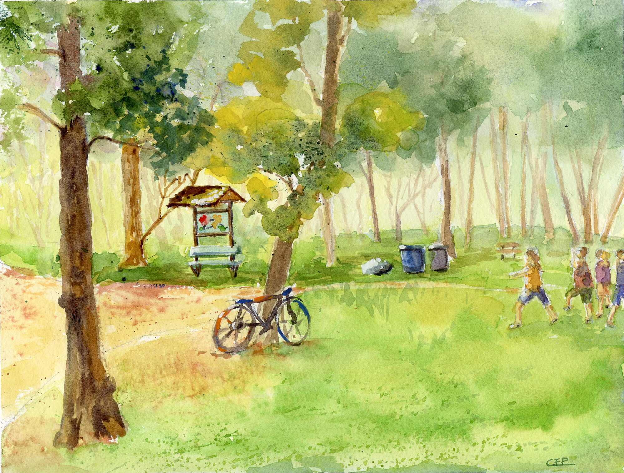 A bicycle leaning against a tree beside a sunlit path, a wooden information kiosk and bench behind, and a group of young people walking across the grass under tall trees — watercolour by Claudia Fernandez
