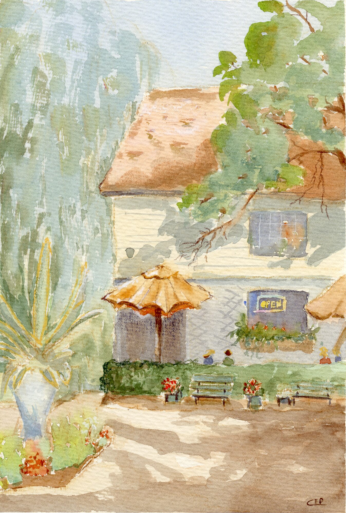 The Dandelion Cafe at the Toronto Botanical Garden, a cream building with a terracotta roof and an OPEN sign, a yellow parasol and green benches out front, seen past a tall spiky agave in a pale urn — watercolour by Claudia Fernandez