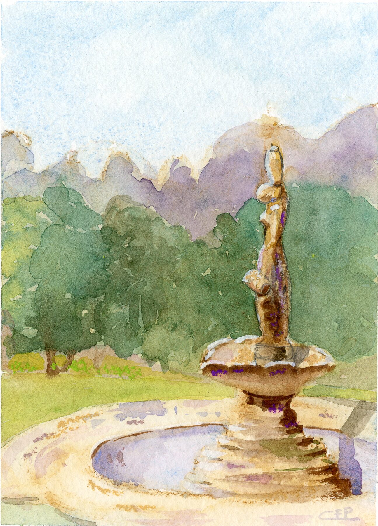 A stone fountain topped by a female statue in a shallow pool, backed by a deep green tree line and soft mauve hills under a pale sky — watercolour and soft pastel by Claudia Fernandez