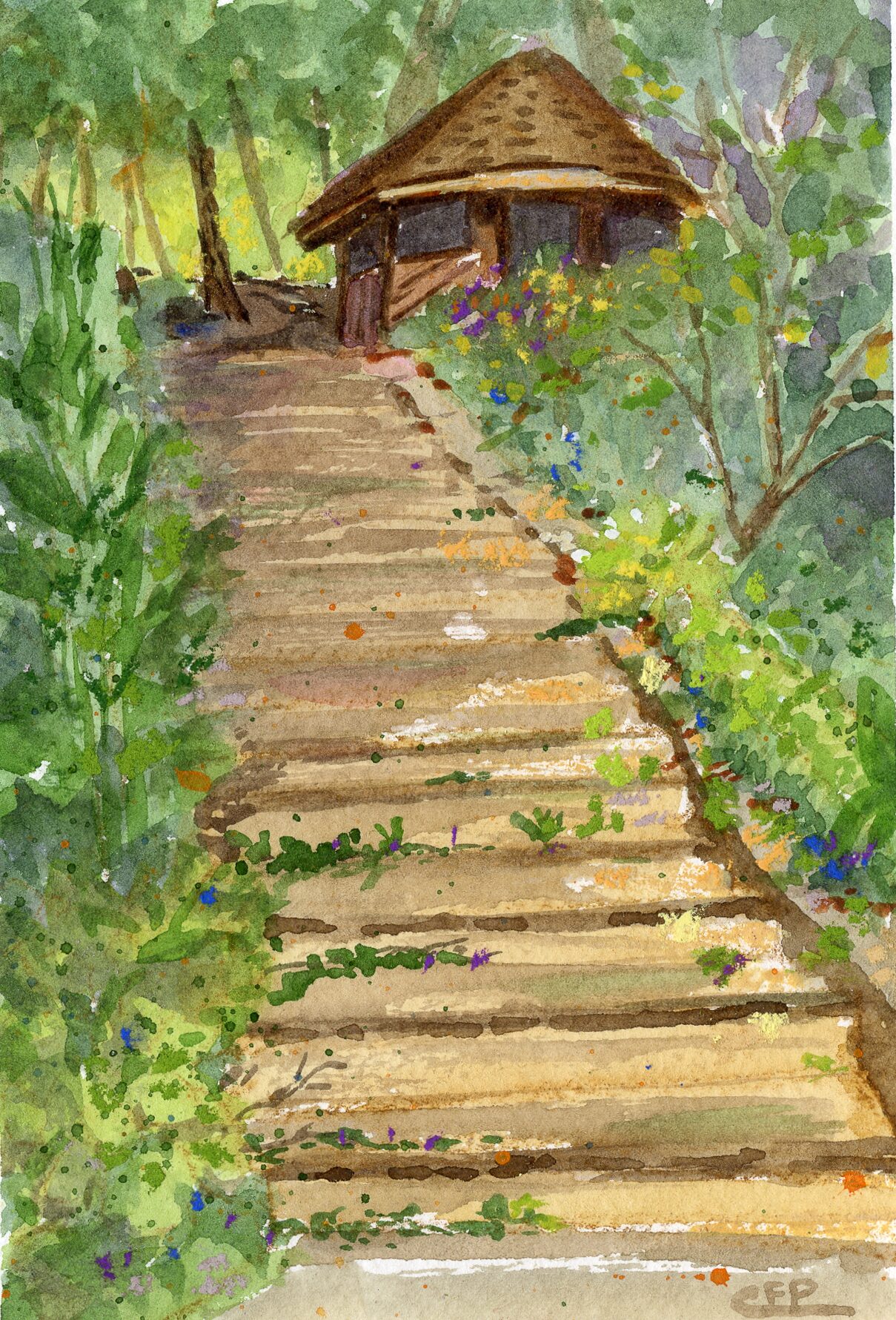 A wide flight of shallow steps rising between dense green planting scattered with small flowers, leading up to a rustic shelter with a conical shingled roof — watercolour and soft pastel by Claudia Fernandez