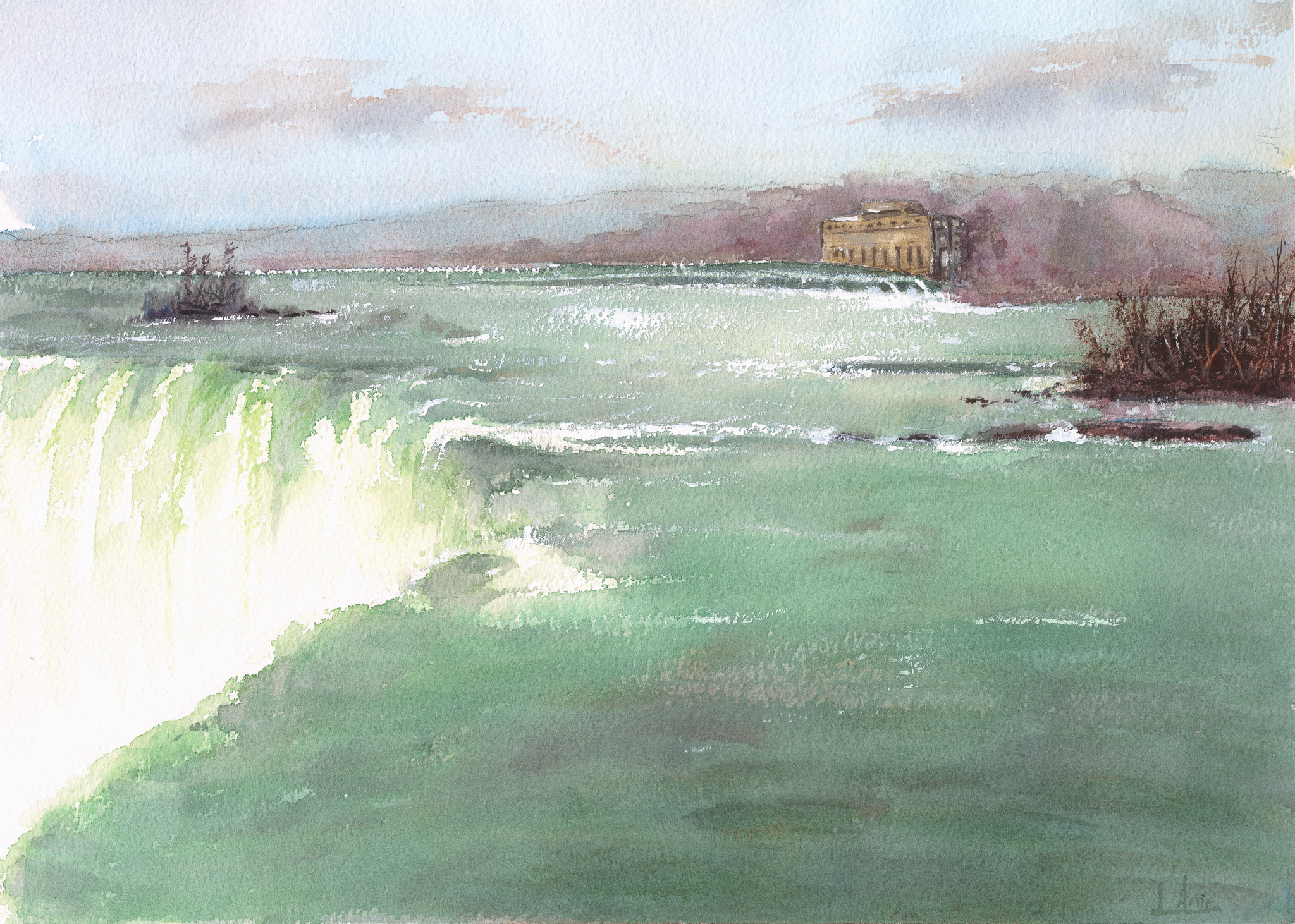 Niagara Falls seen up close from the Canadian side, with an old power building and vegetation behind — watercolour by Claudia Fernandez