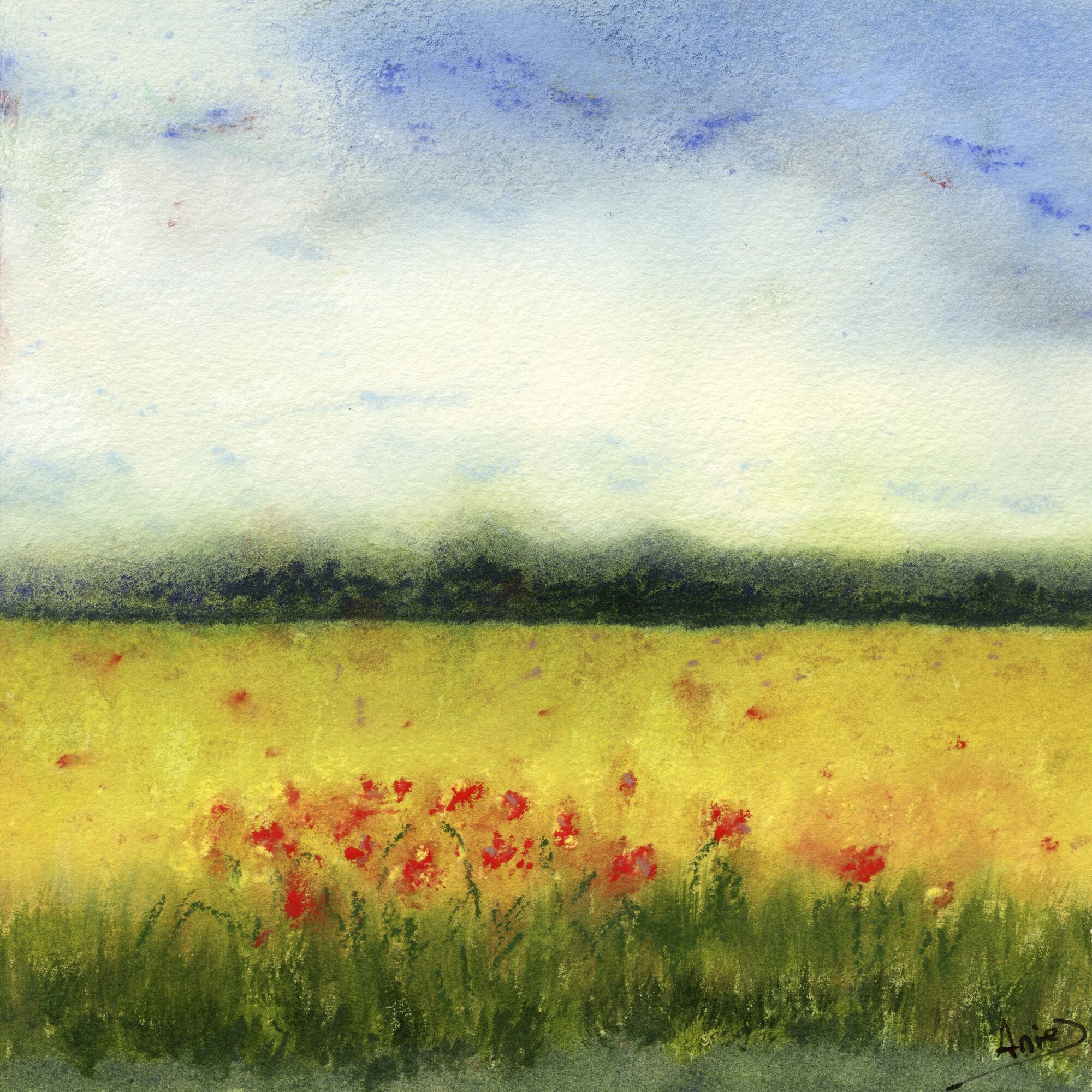 a golden-yellow field with red poppies and tall green grass in the foreground, a dark line of trees beneath a soft blue and white sky