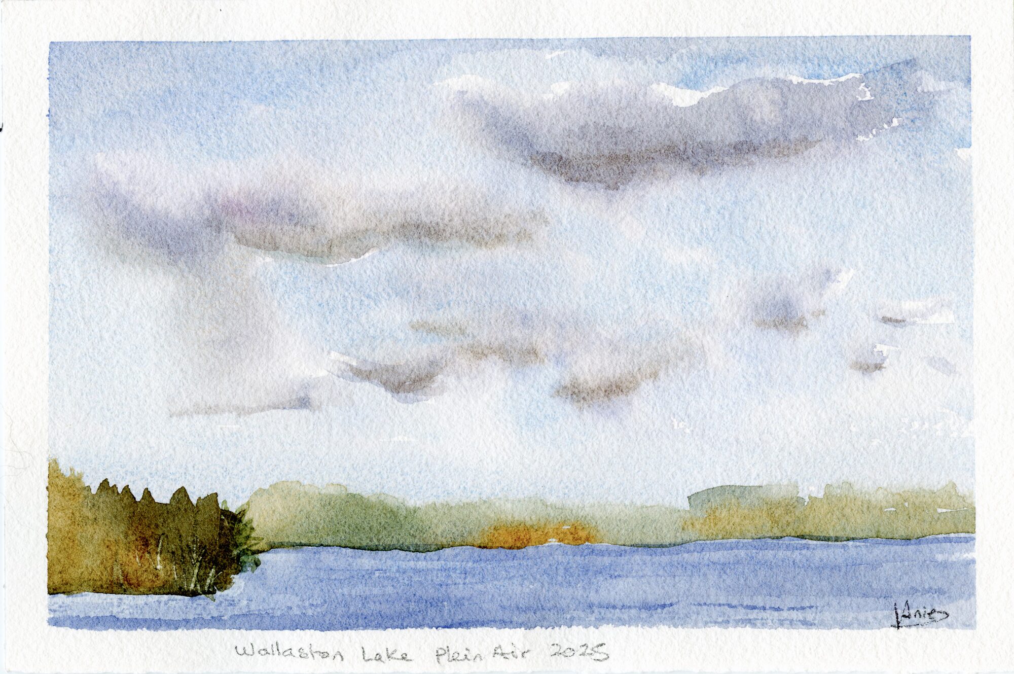 A pale blue sky with soft grey clouds over a calm blue lake, with a low tree-lined shore and a clump of green-gold trees on the left — watercolour by Claudia Fernandez