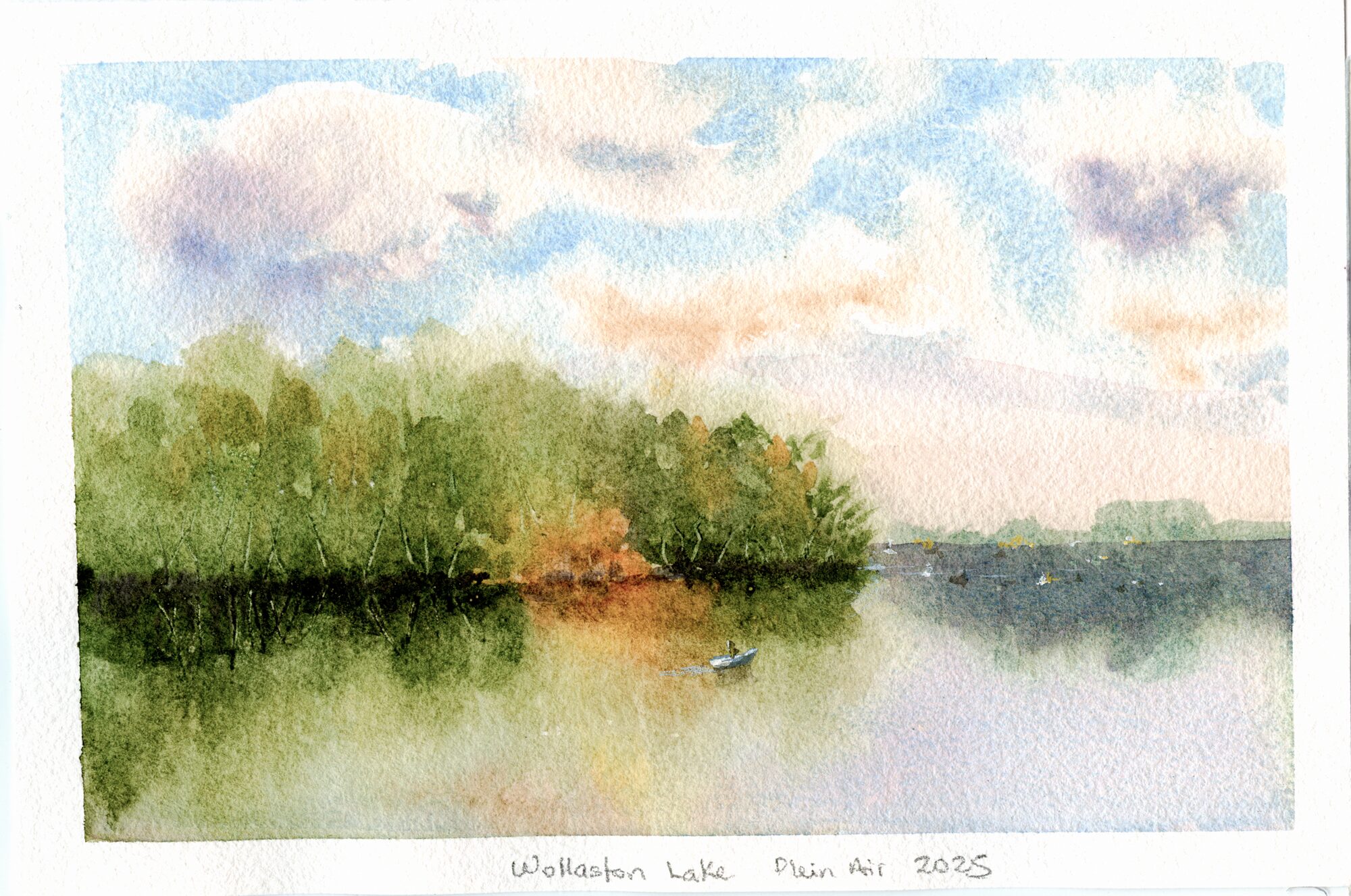 A wooded green shoreline beside a calm lake under a soft blue sky with warm orange light near the horizon, a small boat out on the still water — watercolour by Claudia Fernandez