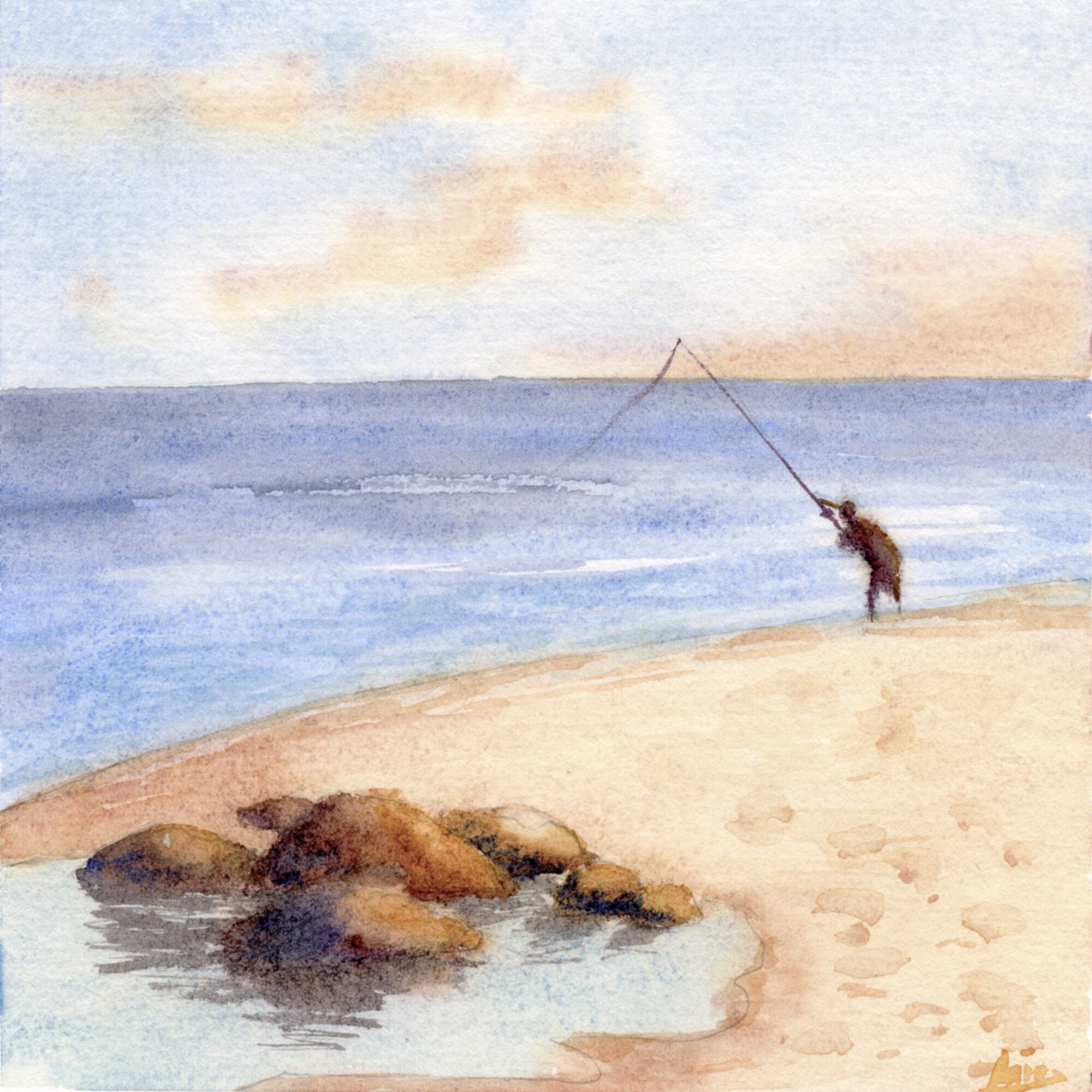 a lone fisherman in silhouette casting a long rod at the edge of a calm blue sea, on pale-yellow sand with rocks in a shallow pool, under a soft warm sky